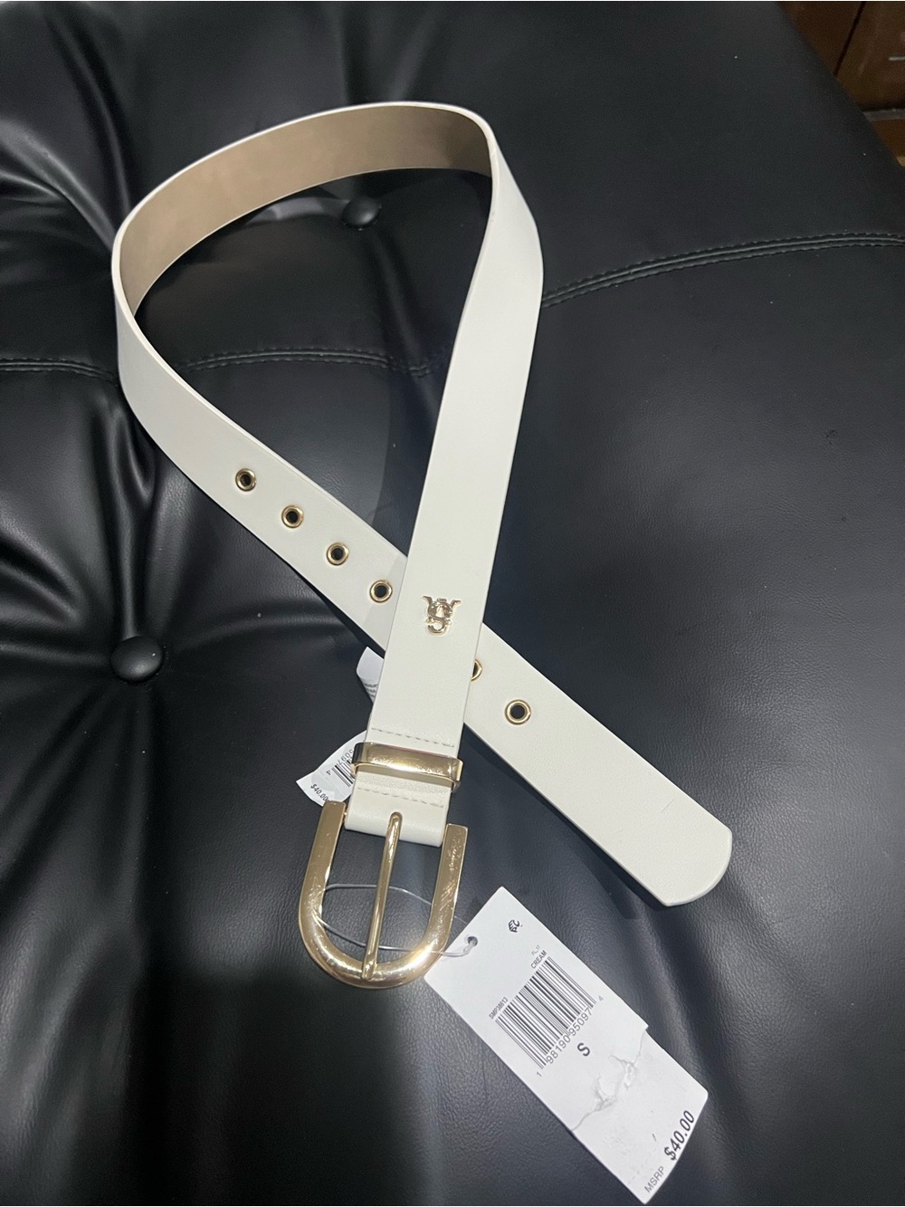 Steve Madden Cream Leather Belt with Gold Buckle